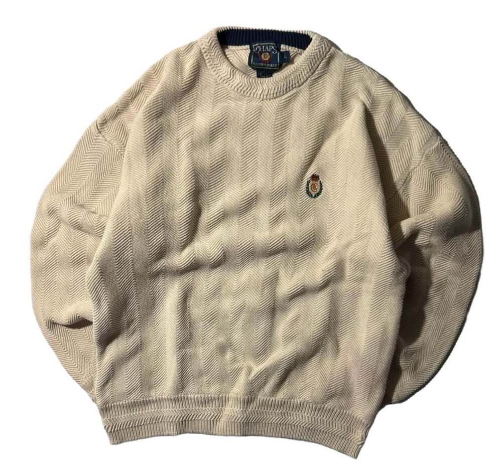 Chaps Ralph Lauren Sweater Size L Cream Herringbone Crest Pullover